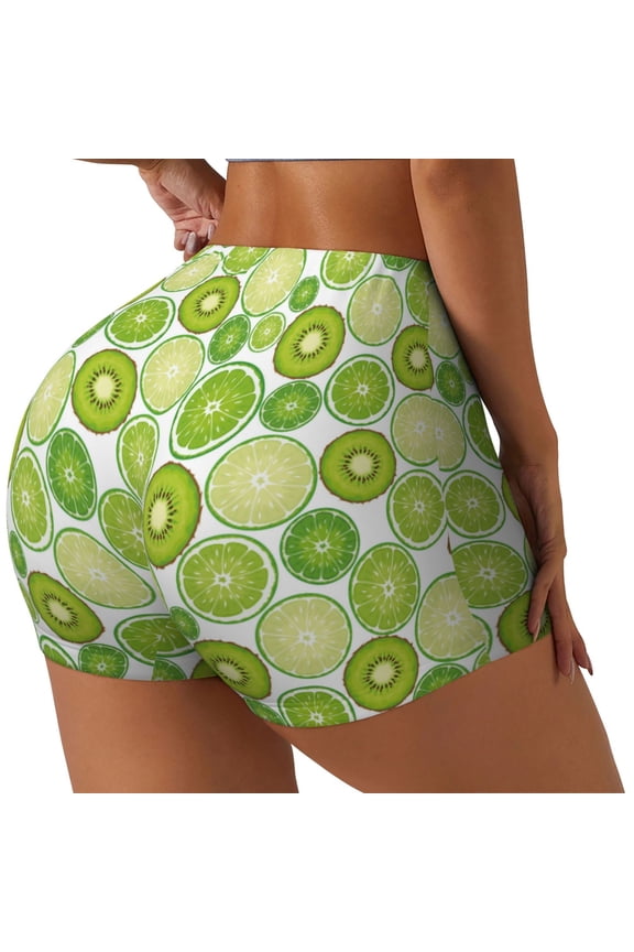 Kiwi Lemon Printed Power Workout Shorts for Women Tummy Control Squat Proof Ribbed Thick Seamless Scrunch Active Short-Large