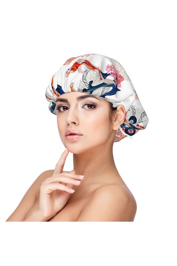 Koi Fish And Corals Pattern Silk Satin Hair Bonnet for Sleeping, Adjustable Sleep Cap Turban for Women , Curly Straight Hair Long Large Braid