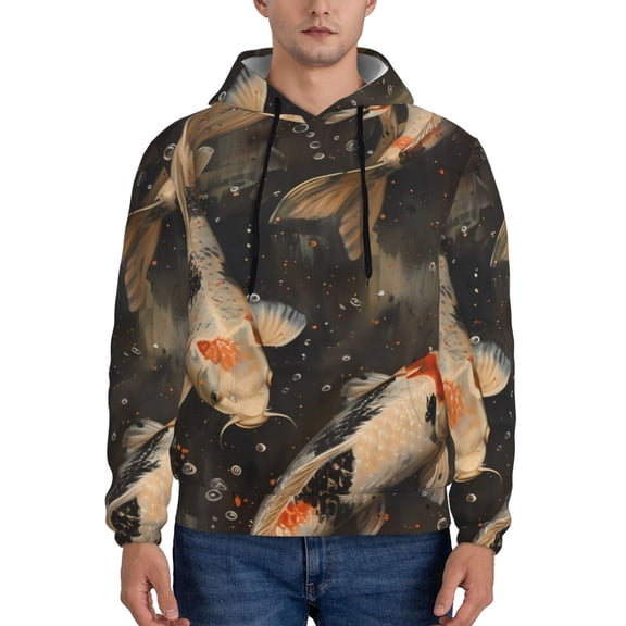 Rateoe Koi Fish Tranquility Pattern Mens Hoodie, Pullover Hooded Sweatshirt, Kangaroo Pocket Hoodie Ideal for Daily Wear, Travel and Home-Medium