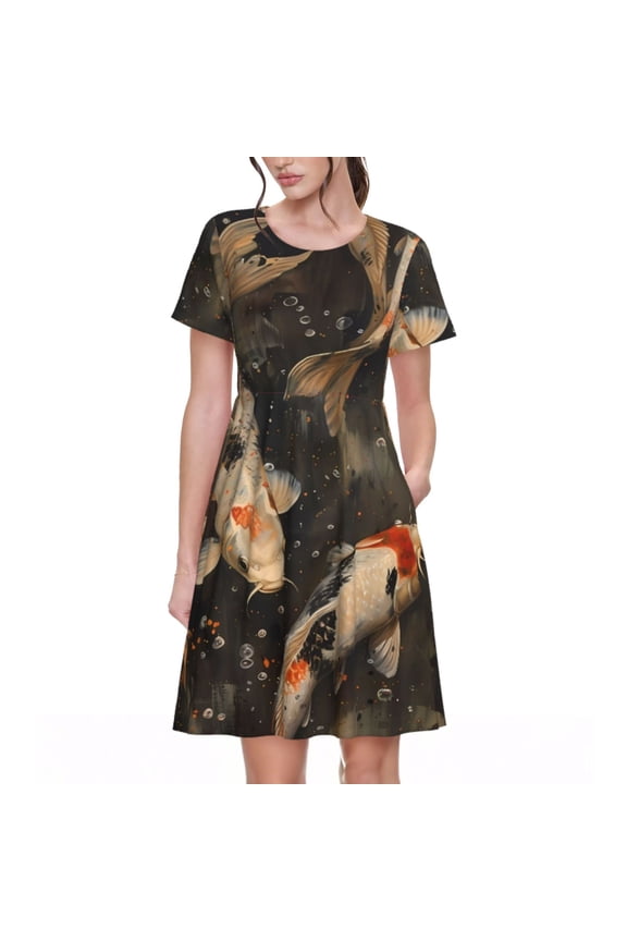 Koi Fish Tranquility Pattern Women’s Short Sleeve Dress – Casual Elegant Summer A-Line Dress for Everyday Wear