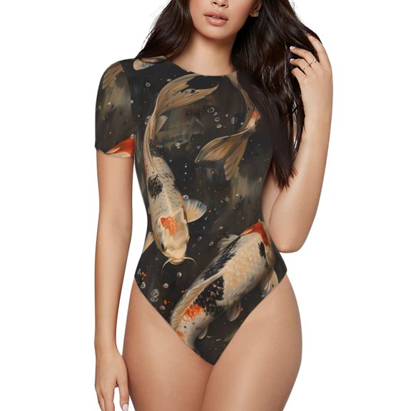 Rateoe Koi Fish Tranquility Printed Women Rash Guard Short Sleeve,Tummy control Swimsuit Surfing Swimsuit Bathing Suit Short-sleeved Onesie UPF 50+ -Large