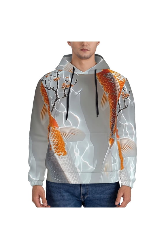 Koi Fish Water Pattern Mens Hoodie, Pullover Hooded Sweatshirt, Kangaroo Pocket Hoodie Ideal for Daily Wear, Travel and Home-Large