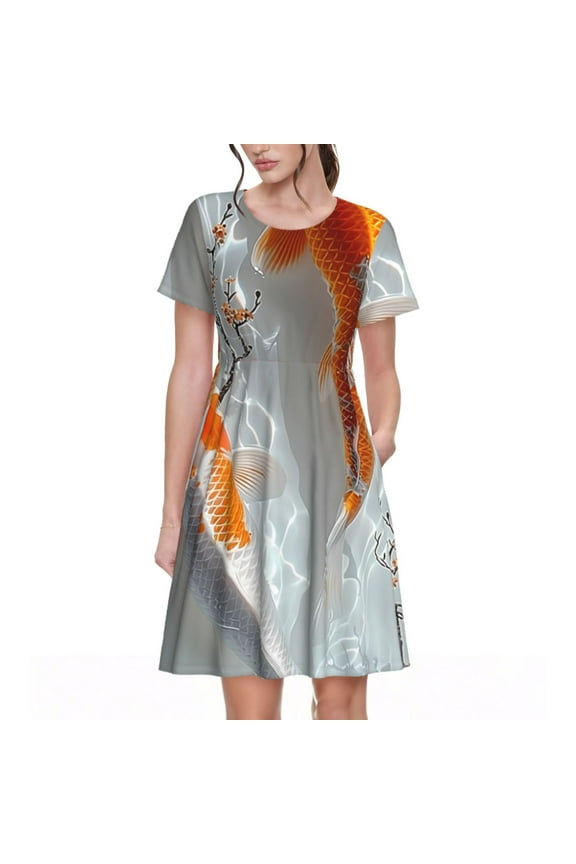 Koi Fish Water Pattern Women’s Short Sleeve Dress – Casual Elegant Summer A-Line Dress for Everyday Wear