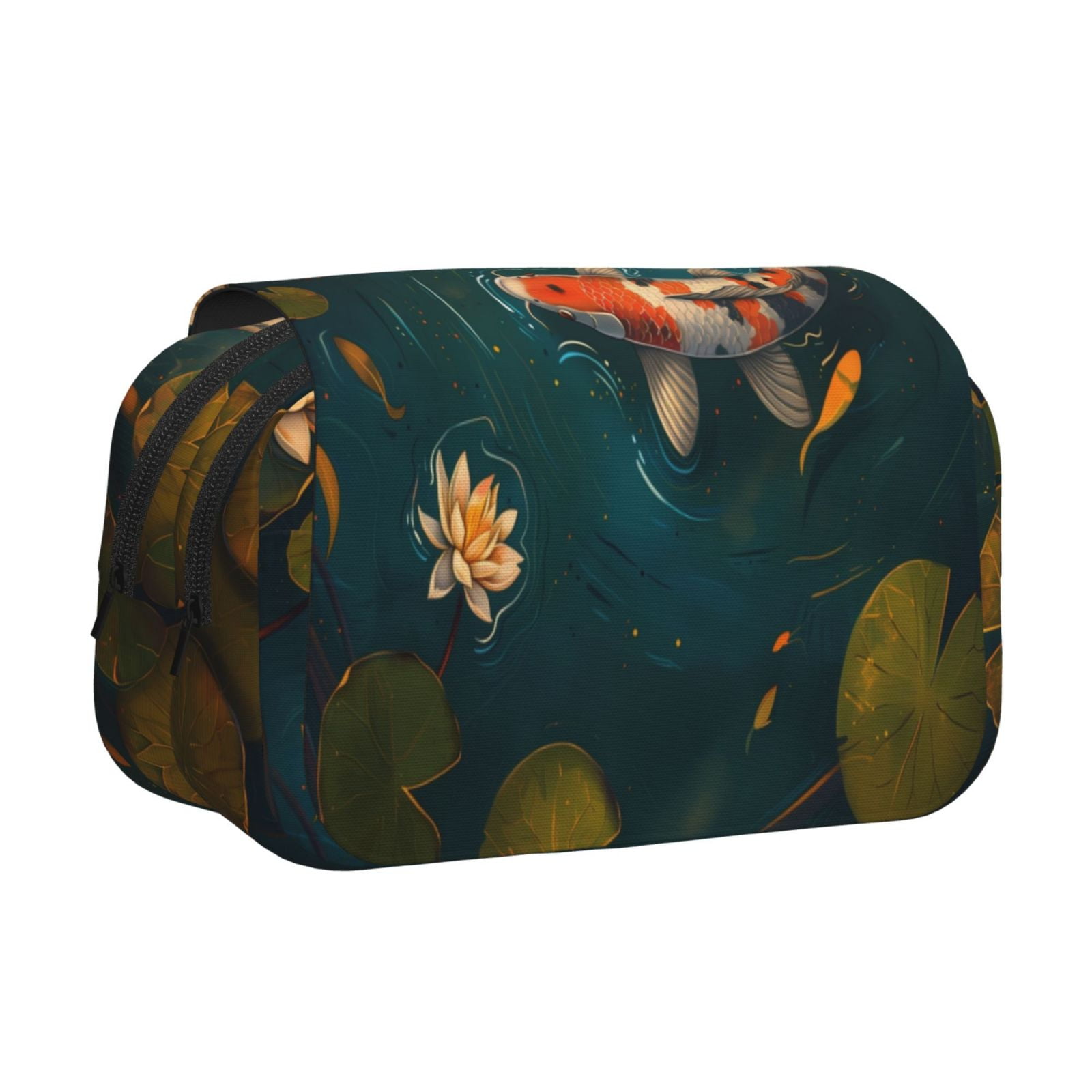 Rateoe Koi Pond Lilies Pattern Double Clamshell Pen Case, Storage Organizer with Two Zipper Compartments– Holds Up to 50 Pencils & Pens