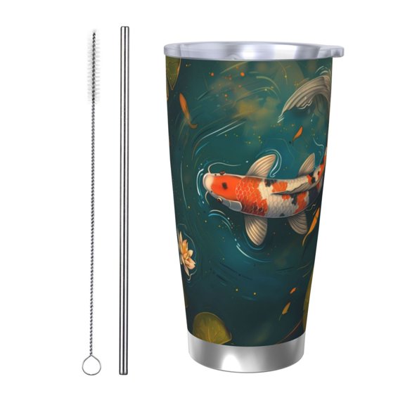 Rateoe Koi Pond Lilies Printed Car Guy Gifts for Men Women Tumbler - 20oz/590ml Vacuum Insulated Stainless Steel Travel Tumbler Cups with Lid & Straw-Straw Two-piece Set