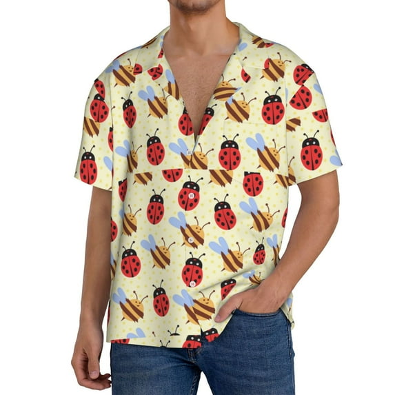 Rateoe Ladybug And Bee Pattern Men's Short Sleeve Classic Shirt, Casual Short-Sleeved Shirt, Lightweight Summer Shirt, Cuban Collar Shirt,Button-Front Shirt-Large