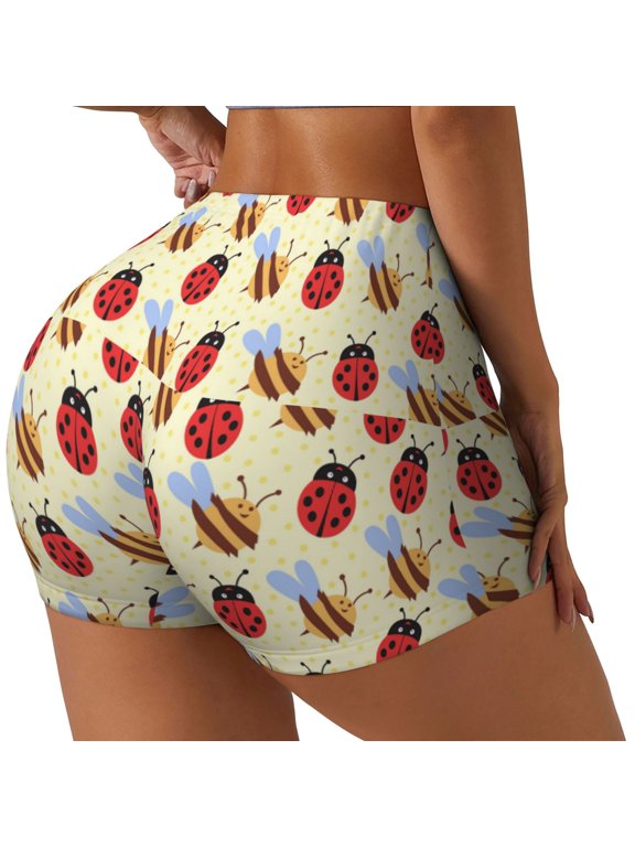 Ladybug And Bee Printed Power Workout Shorts for Women Tummy Control Squat Proof Ribbed Thick Seamless Scrunch Active Short-Large