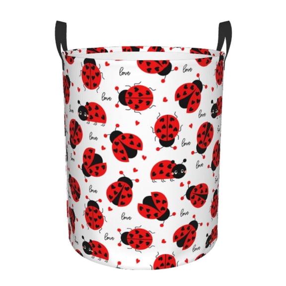Rateoe Ladybug And Heart Pattern Round Laundry Hamper Basket, Tall Hamper Basket for Blanket Storage, Nursery Clothes Hamper for Laundry in Bedroom and College Dorm-