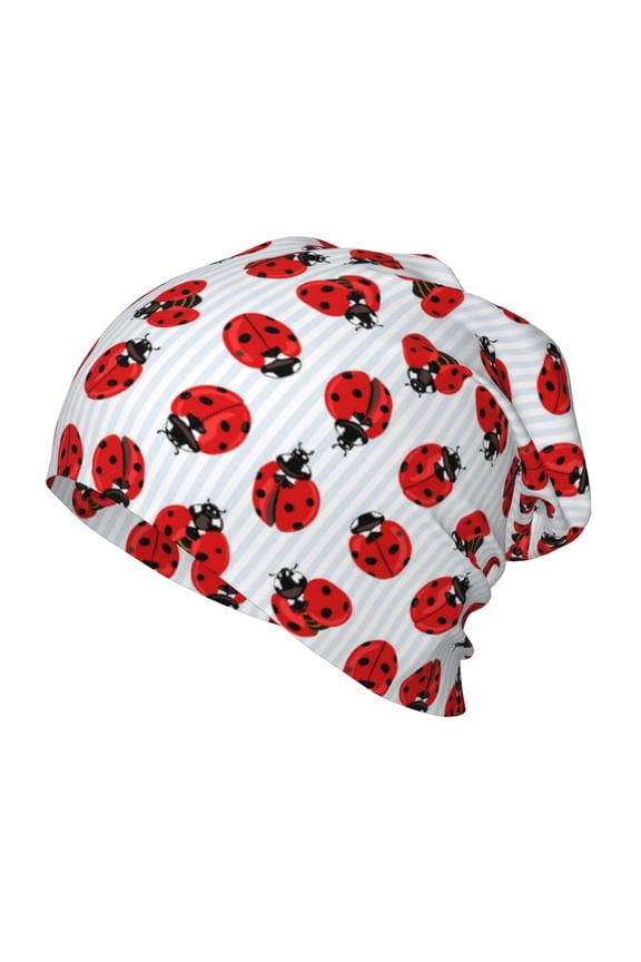 Ladybug On Blue Stripes Kids Beanie Warm Knit Beanie Hats Boys Girls Winter Hat Soft Slouchy Hats for Kids
