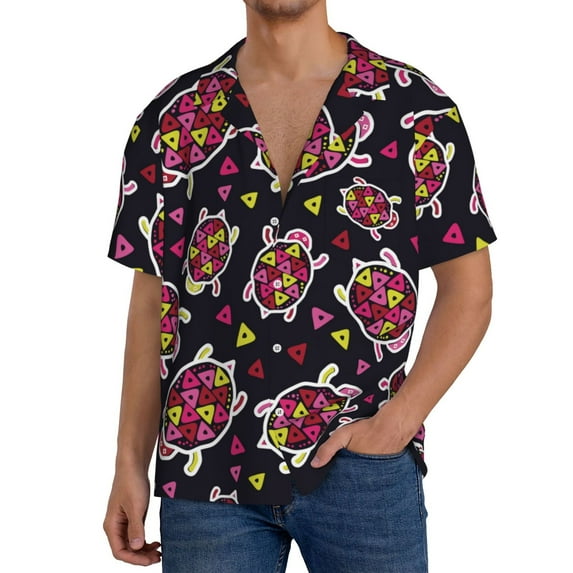 Rateoe Ladybug Pattern Men's Short Sleeve Classic Shirt, Casual Short-Sleeved Shirt, Lightweight Summer Shirt, Cuban Collar Shirt,Button-Front Shirt-X-Large