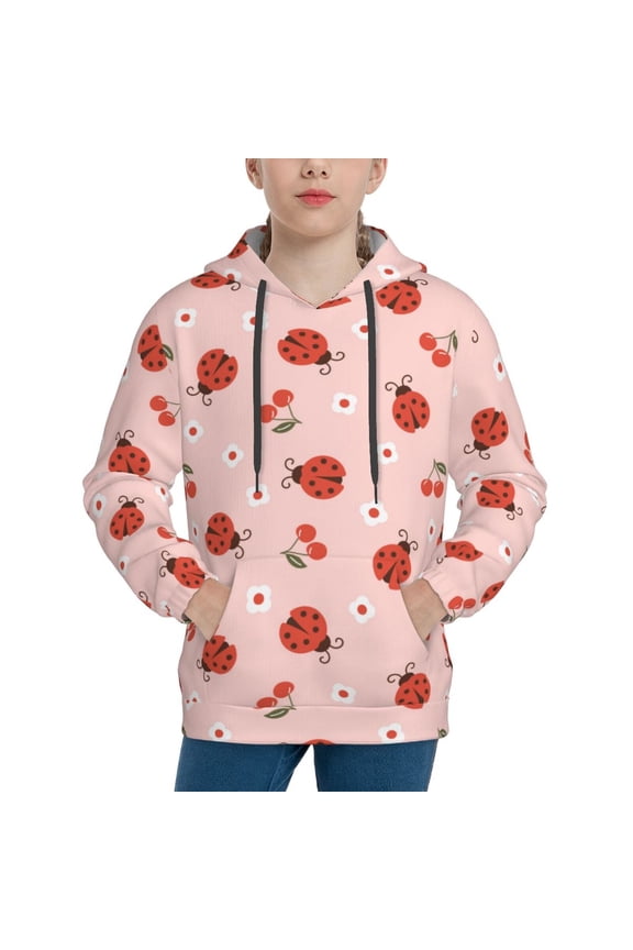 Ladybug With Flower Pattern Boys Hoodie, Youth Pullover Hooded Sweatshirt, Kangaroo Pocket Hoodie for Kids-Medium