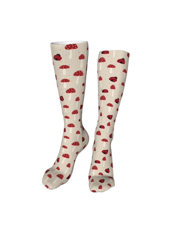 Ladybug With Mushroom print Women's Men's Novelty 20in Crew Socks Cotton Socks Knee High Socks for Walking,Running,Nurses,Pregnancy-One Size