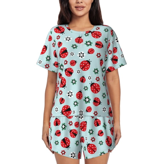 Rateoe Ladybugs And Flowers 1 Pattern Women's Short-Sleeved Pajama Set - 2 Piece Soft and Lightweight Sleepwear Set-4X-Large