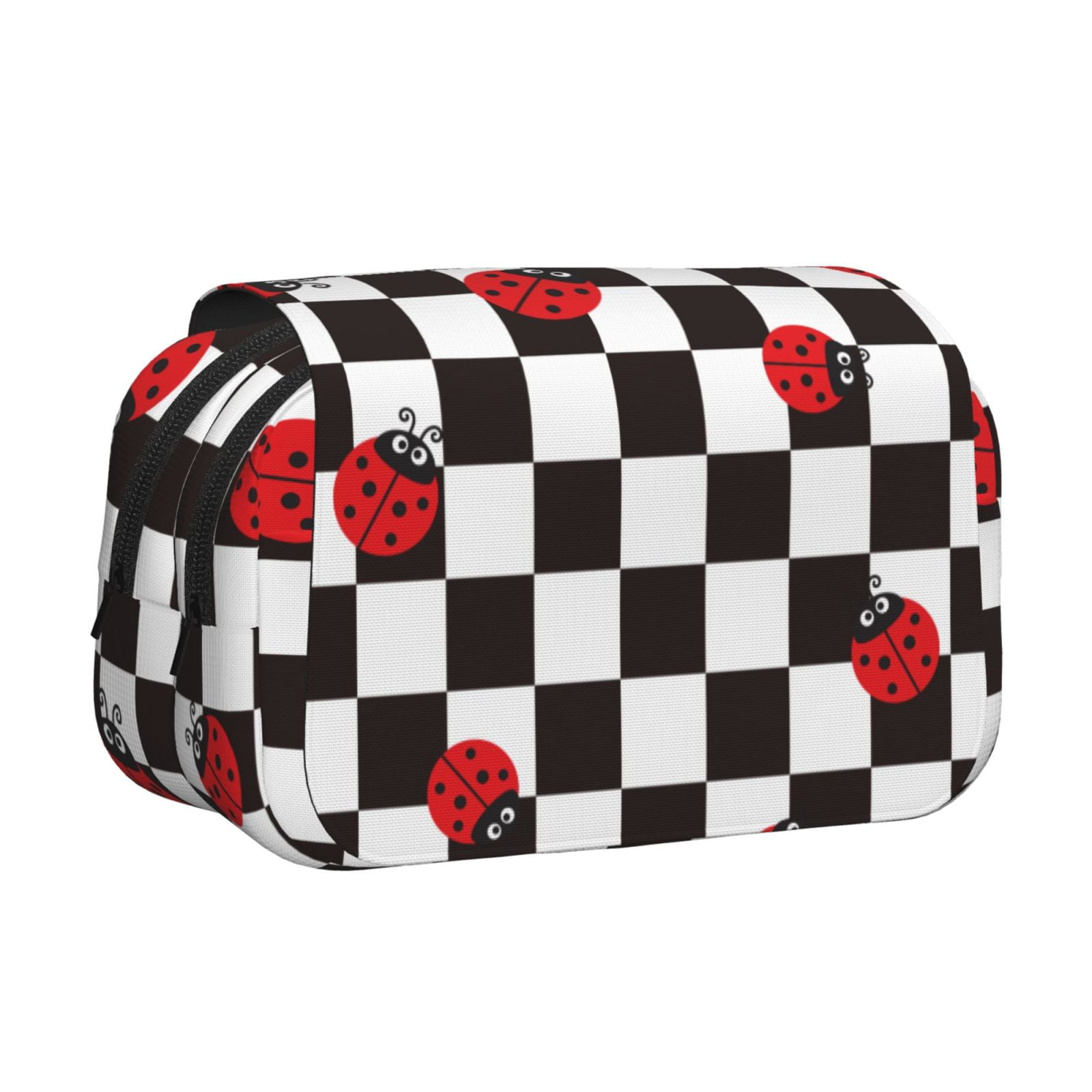 Rateoe Ladybugs Of Black And White Checkers Pattern Double Clamshell Pen Case, Storage Organizer with Two Zipper Compartments– Holds Up to 50 Pencils & Pens