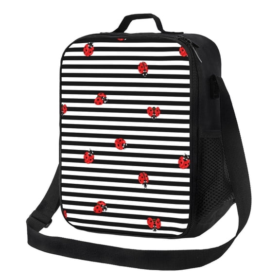 Rateoe Ladybugs on Black and White Striped Lunch Bag Reusable Lunch Box with Shoulder Straps for Men Women Insulated Portable Lunchbox for adults Suitable for School Work Picnic