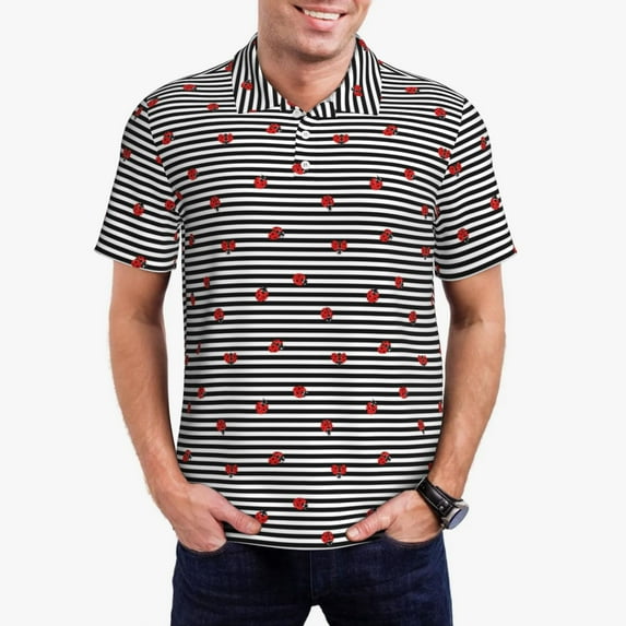 Rateoe Ladybugs on Black and White Striped Pattern Men's Short Sleeve Polo Shirts, Golf Polo Shirts Short Sleeve Performance Moisture Wicking Dry-XX-Large