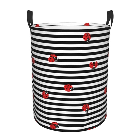 Rateoe Ladybugs on Black and White Striped Pattern Round Laundry Hamper Basket, Tall Hamper Basket for Blanket Storage, Nursery Clothes Hamper for Laundry in Bedroom and College Dorm-Medium
