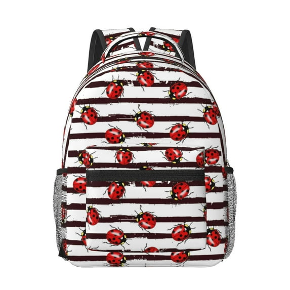 Rateoe Ladybugs on Black and White Striped1 Pattern Durable Student Backpack Laptop Bag- Ergonomic Design, Waterproof Twill Fabric - Ideal for School, Travel, and Outdoor Activities