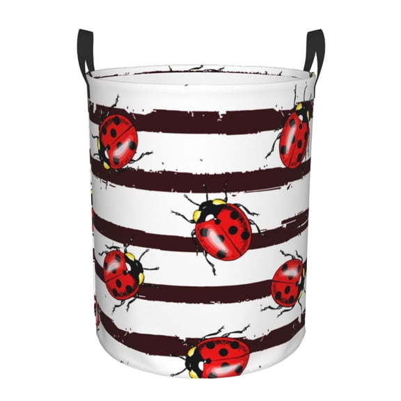 Rateoe Ladybugs on Black and White Striped1 Pattern Round Laundry Hamper Basket, Tall Hamper Basket for Blanket Storage, Nursery Clothes Hamper for Laundry in Bedroom and College Dorm-Small