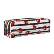 Rateoe Ladybugs on Black and White Striped1 Print Leather Pencil Case with Smooth Zipper, Compact Storage for Writing Tools & Art Supplies, 8.26 x 1.96 x 2.16