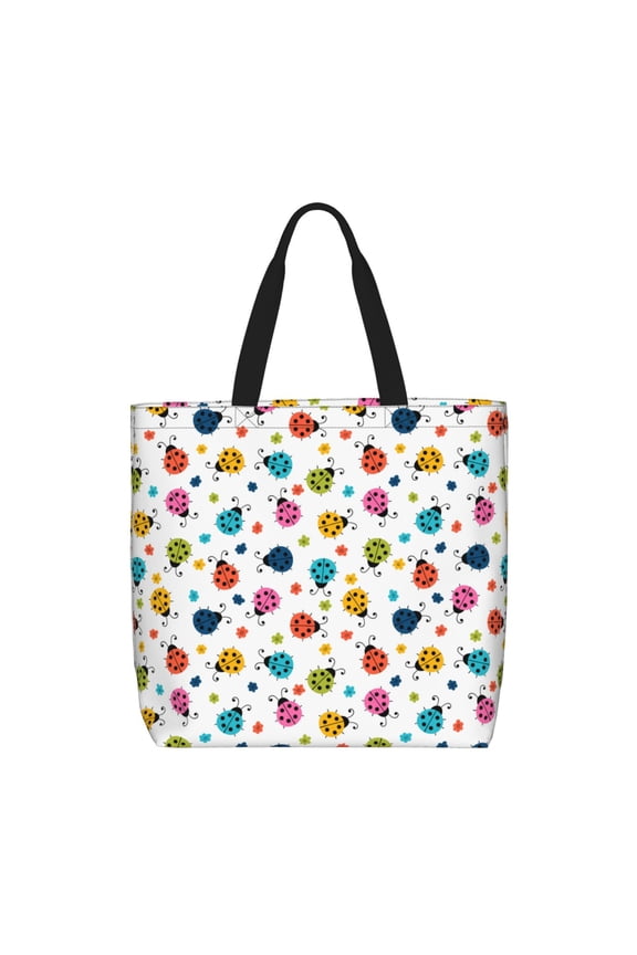 Ladybugs And Flowers Print Lightweight Tote Bag for Women, Water-Resistant Shoulder Bag with Zipper, Spacious Casual Handbag for Work, School, Shopping