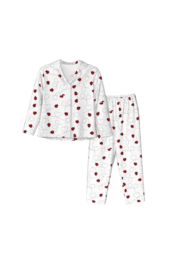 Ladybugs Flying On Dotted Route Pattern Womens Pajamas Set Long Sleeve Sleepwear Button Down Nightwear Soft Cotton Pj Lounge Sets-
