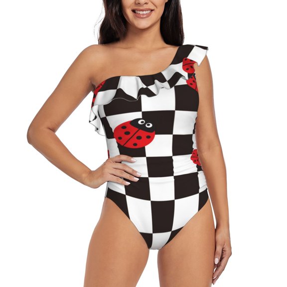 Rateoe Ladybugs Of Black And White Checkers Pattern Women One Piece Swimsuits Tummy Control One Shoulder Bathing Suits Ruffle Swimwear-