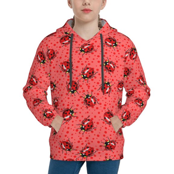 Rateoe Ladybugs On Red Polka Dot Pattern Boys Hoodie, Youth Pullover Hooded Sweatshirt, Kangaroo Pocket Hoodie for Kids-Medium