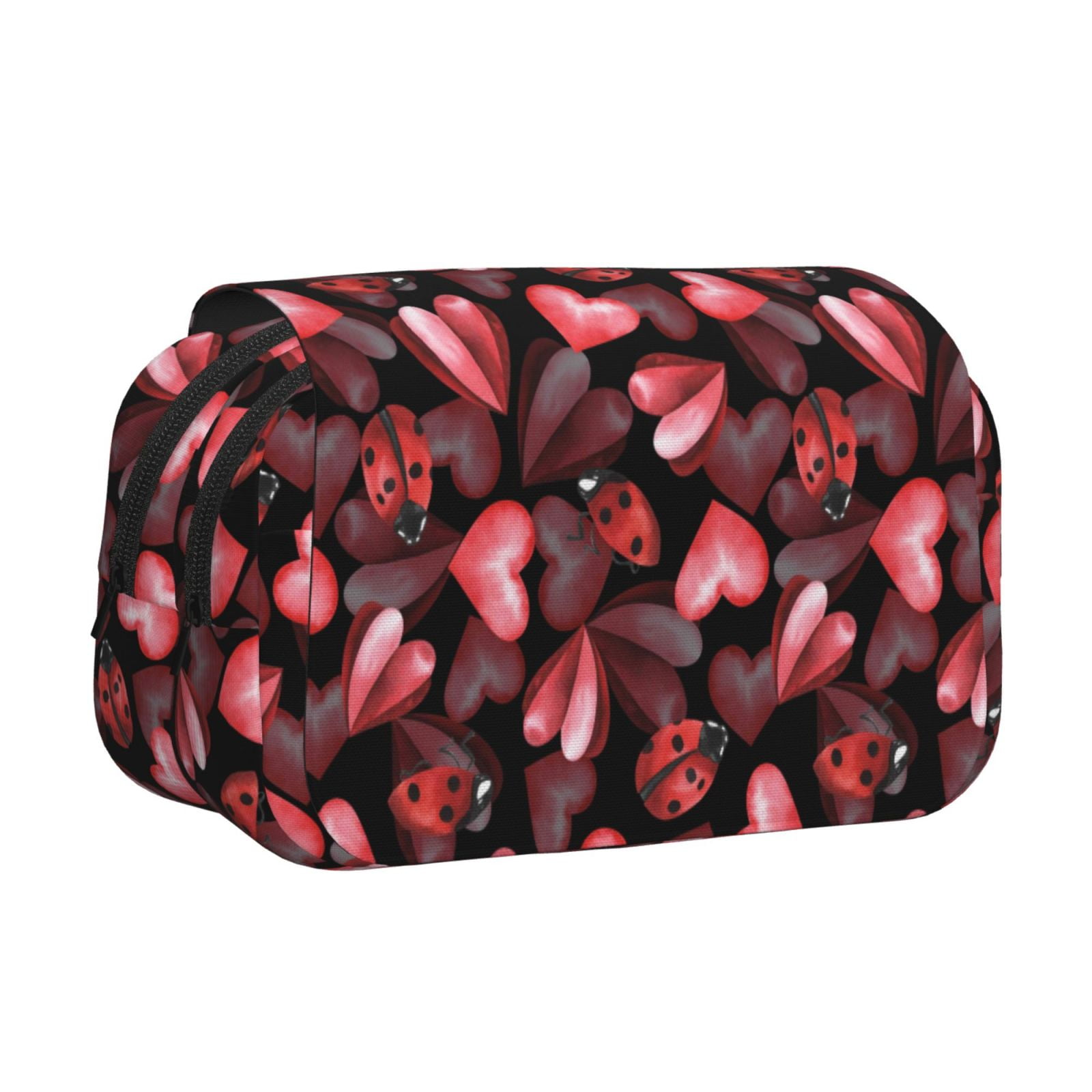 Rateoe Ladybugs and Red Hearts Pattern Double Clamshell Pen Case, Storage Organizer with Two Zipper Compartments– Holds Up to 50 Pencils & Pens