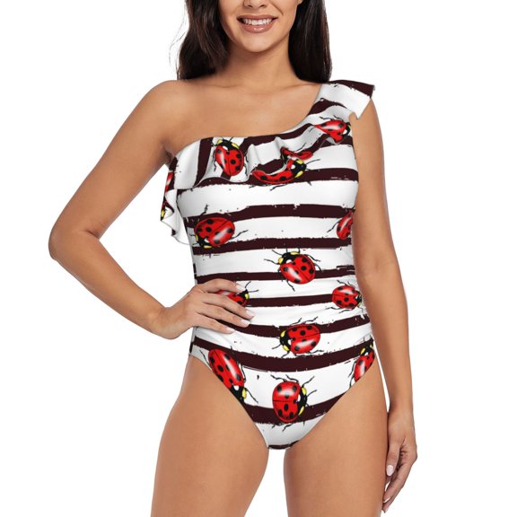 Rateoe Ladybugs on Black and White Striped1 Pattern Women One Piece Swimsuits Tummy Control One Shoulder Bathing Suits Ruffle Swimwear-Small