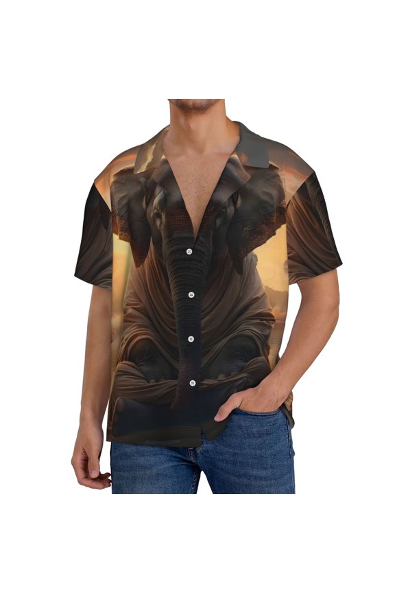 Lake Meditating Elephant Print Mens Front Pocket Hawaiian Shirts Casual Shirts Short Sleeve Button Down Beach Tropical Shirts-X-Large