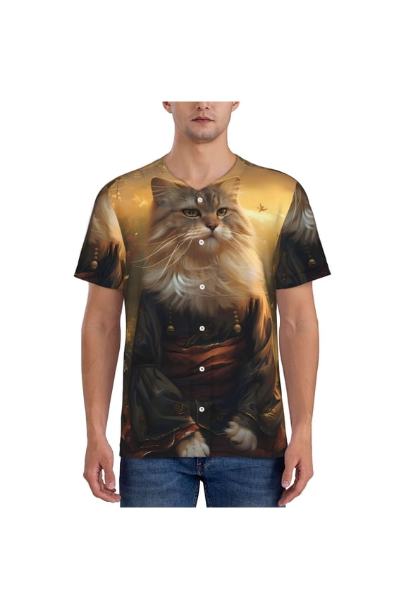 Lakeside Flower Field Cat Pattern Men’s Baseball Short Sleeve Polo Shirt, Midweight Men's Shirt Golf Shirt Polo Shirts Quick Dry Short-4X-Large