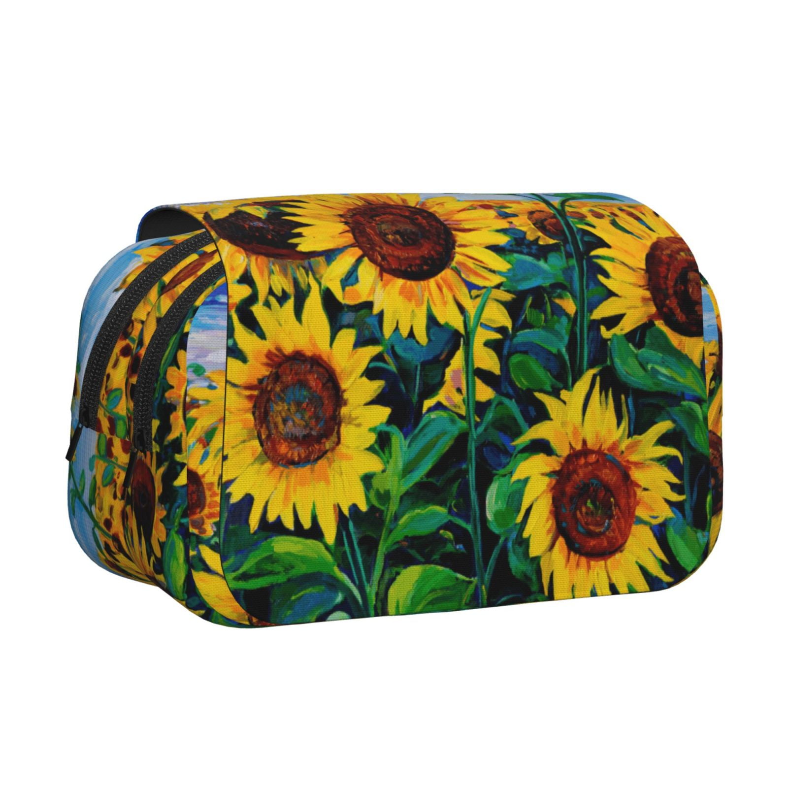 Rateoe Landscape With Sunflowers Pattern Double Clamshell Pen Case, Storage Organizer with Two Zipper Compartments– Holds Up to 50 Pencils & Pens
