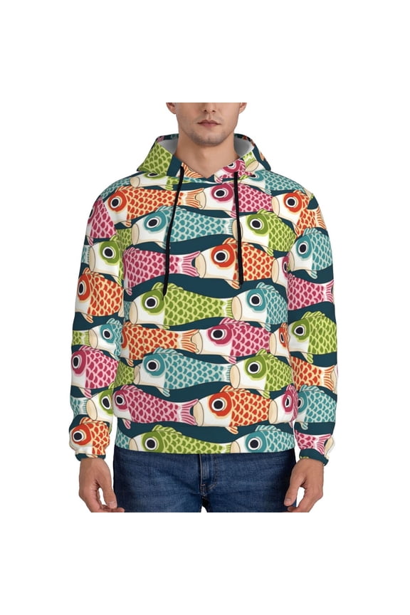 Lantern Koi Fish Pattern Mens Hoodie, Pullover Hooded Sweatshirt, Kangaroo Pocket Hoodie Ideal for Daily Wear, Travel and Home-Medium