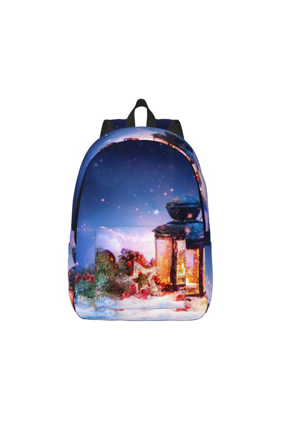 Lantern On Snow With Christmas Pattern Canvas College Laptop Backpack,Travel Daypack,Durable Rucksack Travel Notebook Bag School Backpack Book Bag for Men Women-Medium