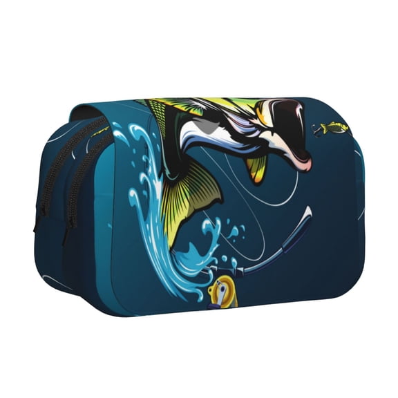 Rateoe Largemouth Bass Fish Pattern Double Clamshell Pen Case, Storage Organizer with Two Zipper Compartments Holds Up to 50 Pencils & Pens
