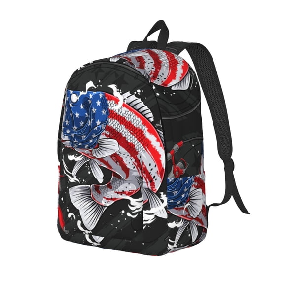 Rateoe Largemouth Bass Fish in USA Pattern Durable Canvas Backpack for Men & Women – Stylish & Lightweight – Adjustable Straps, Multiple Pockets – Fits 15-17 Inch LaptopsSmall