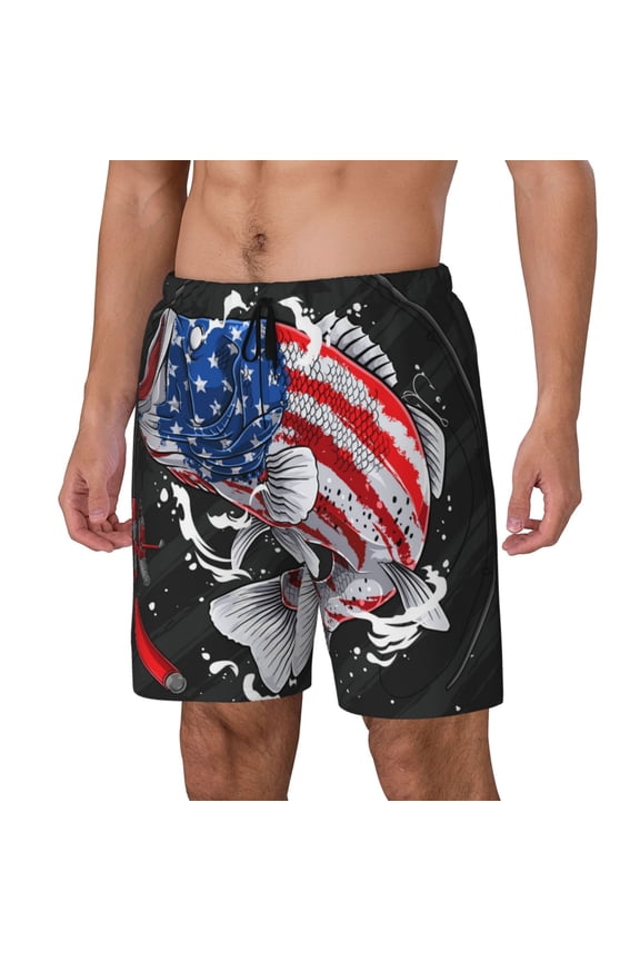 Largemouth Bass Fish in USA Pattern Men’s Swim Shorts with Compression Liner – Double-Layered Quick-Dry Swimwear, Comfortable & Stretchy Beach Shorts-XX-Large