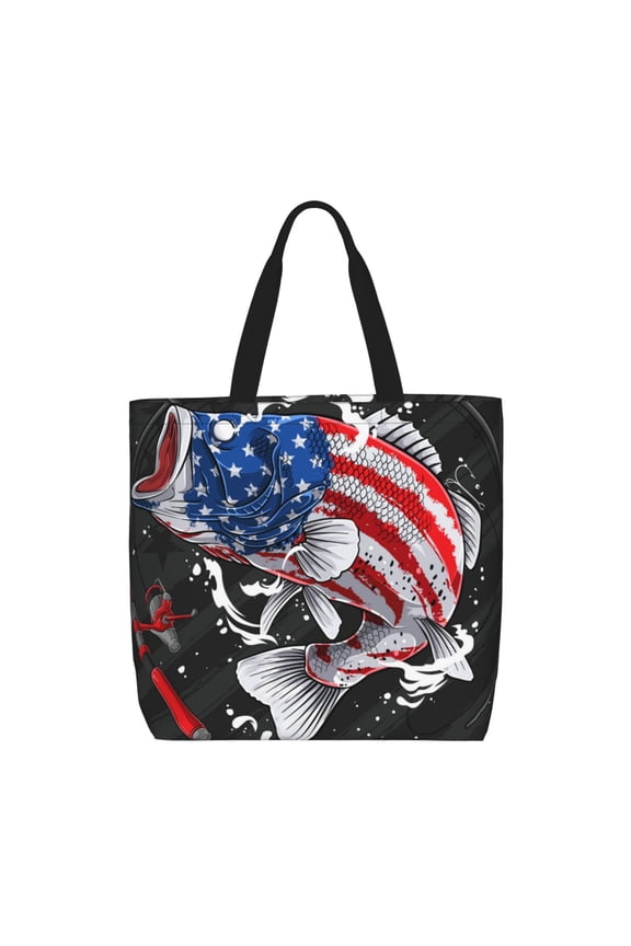 Largemouth Bass Fish in USA Print Lightweight Tote Bag for Women, Water-Resistant Shoulder Bag with Zipper, Spacious Casual Handbag for Work, School, Shopping