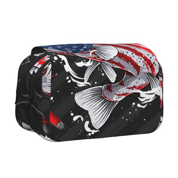 Rateoe Largemouth Bass Fish in USA Pattern Double Clamshell Pen Case, Storage Organizer with Two Zipper Compartments Holds Up to 50 Pencils & Pens