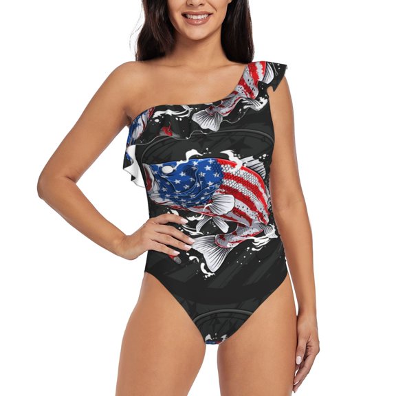 Rateoe Largemouth Bass Fish in USA Pattern Women One Piece Swimsuits Tummy Control One Shoulder Bathing Suits Ruffle Swimwear-Medium