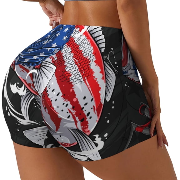 Rateoe Largemouth Bass Fish in USA Printed Power Workout Shorts for Women Tummy Control Squat Proof Ribbed Thick Seamless Scrunch Active Short-Medium