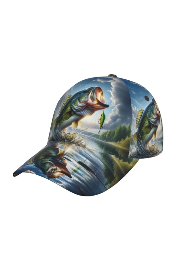 Largemouth Bass Jumping Out of The Water Pattern Mens Baseball Cap Adjustable Curved Brim Hat, Soft Cotton Sports Cap for Outdoor, Casual, and Everyday Wear, Comfortable & Breathable