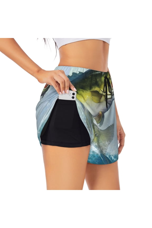 Largemouth Bass jumps out of water Printed 2 in 1 Women's Workout Shorts for Athletic Gym Running Shorts with Phone Pockets-