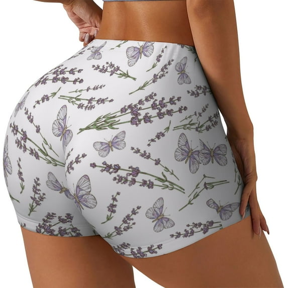 Rateoe Lavender And Butterfly Printed Power Workout Shorts for Women Tummy Control Squat Proof Ribbed Thick Seamless Scrunch Active Short-Small