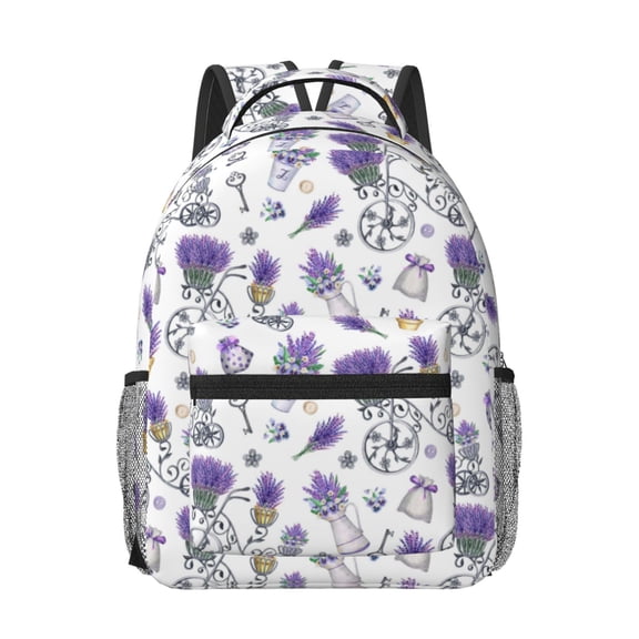 Rateoe Lavender Bicycle Pattern Durable Student Backpack Laptop Bag- Ergonomic Design, Waterproof Twill Fabric - Ideal for School, Travel, and Outdoor Activities