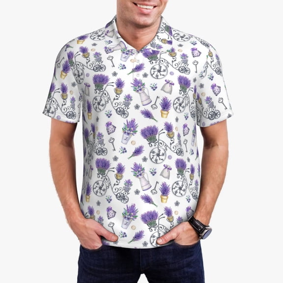 Rateoe Lavender Bicycle Pattern Men's Short Sleeve Polo Shirts, Golf Polo Shirts Short Sleeve Performance Moisture Wicking Dry-Medium