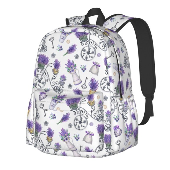 Rateoe Lavender Bicycle Pattern Student Backpack,Backpack for School,Lightweight Bag,Travel Backpack,Outdoor Backpack,Large Capacity Backpack