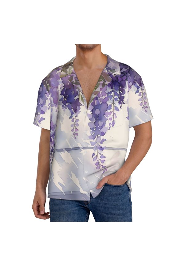 Lavender Blooms Window Pattern Men's Short Sleeve Classic Shirt, Casual Short-Sleeved Shirt, Lightweight Summer Shirt, Cuban Collar Shirt,Button-Front Shirt-Large