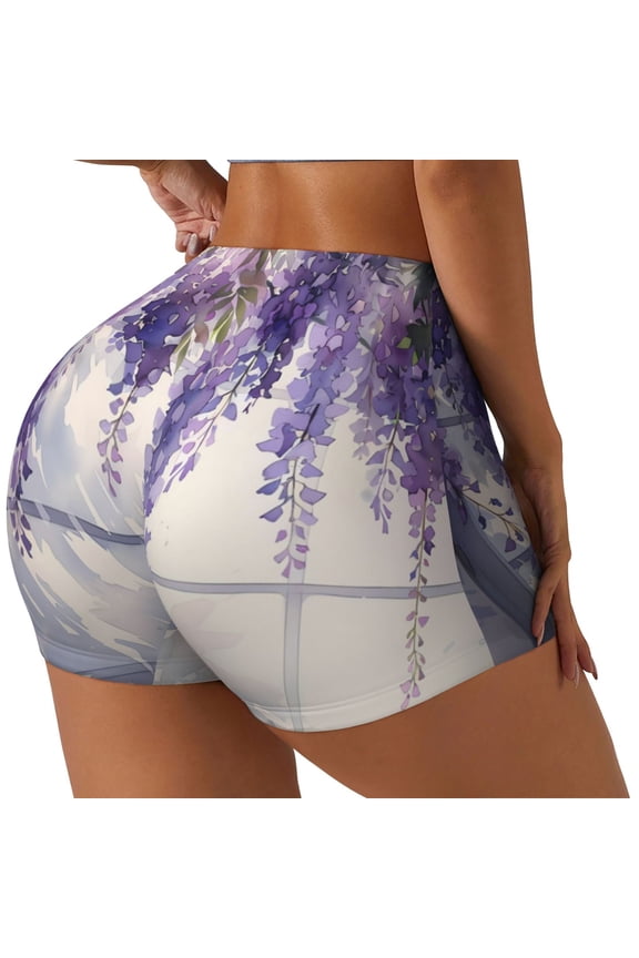 Lavender Blooms Window Printed Power Workout Shorts for Women Tummy Control Squat Proof Ribbed Thick Seamless Scrunch Active Short-Large